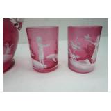 Vintage Fenton Cranberry Glass Lemonade Set with 2 "Mary Gregory" Style Bells, 4 Glasses, 1 large pitcher