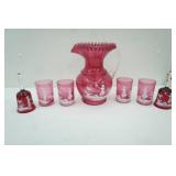 Vintage Fenton Cranberry Glass Lemonade Set with 2 "Mary Gregory" Style Bells, 4 Glasses, 1 large pitcher