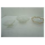 Imperial Glass "Laced Edge, gold rimmed pressed glass bowl, Indiana Glass clear footed candy dish floral pattern