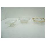 Imperial Glass "Laced Edge, gold rimmed pressed glass bowl, Indiana Glass clear footed candy dish floral pattern