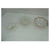 Imperial Glass "Laced Edge, gold rimmed pressed glass bowl, Indiana Glass clear footed candy dish floral pattern