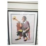 Vintage Framed Art Print "Clown with a phonograph" Chuck Oberstein