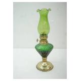10" Vintage mini green glass hurricane oil lamp. 1960s