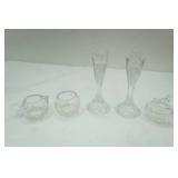 Vintage Crystal pieces, mini creamer & sugar, egg shaped trinket box, Mikasa Candlestick holders