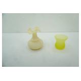 Vintage Vaseline Glass Sawtooth Candle Cup; Fenton Satin Custard Ruffled Vase