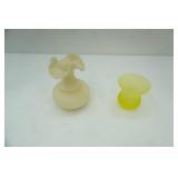 Vintage Vaseline Glass Sawtooth Candle Cup; Fenton Satin Custard Ruffled Vase