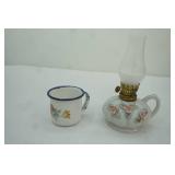 Vintage Mini Porcelain Oil Lamp, Vintage enamelware coffee cup