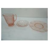 1930s Pink Depression Glass Pieces-Pitcher, plate, bowl. Patterned