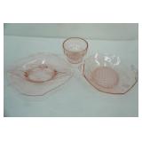 1930s Pink Depression Glass Pieces, compote, serving bowl, octagon platter