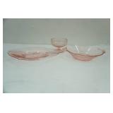 1930s Pink Depression Glass Pieces, compote, serving bowl, octagon platter