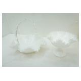 Vintage Fenton Silver Crest Milk Glass Ruffled Edge Basket and Pedestal Compote Dish