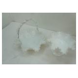 Vintage Fenton Silver Crest Milk Glass Ruffled Edge Basket and Pedestal Compote Dish