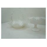 Vintage Fenton Silver Crest Milk Glass Ruffled Edge Basket and Pedestal Compote Dish