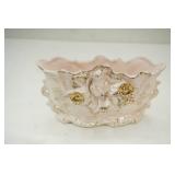 Vintage pink iridescent glaze porcelain planter w/birds and flowers