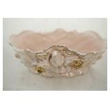 Vintage pink iridescent glaze porcelain planter w/birds and flowers