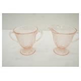 1930s Pink Depression Glass Creamer and Sugar. Hazel Atlas "Royal Lace" Pattern
