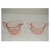 1930s Pink Depression Glass Sugar and Creamer. etched floral