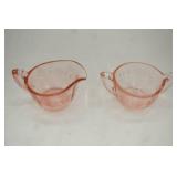 1930s Pink Depression Glass Sugar and Creamer. etched floral