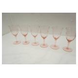 1930s Pink Depression Glass Wine Glasses. Etched Floral. 6ct