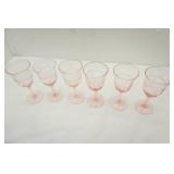 1930s Pink Depression Glass Wine Glasses. Etched Floral. 6ct