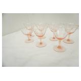 1930s Pink Depression Glass Champagne Glasses. Etched Floral. 7ct