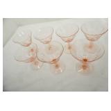 1930s Pink Depression Glass Champagne Glasses. Etched Floral. 7ct