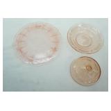 1930s Pink Depression GLass "Cherry Blossom" footed cake plate, "Cabbage Rose" Federal round butter dish w/lid