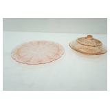 1930s Pink Depression GLass "Cherry Blossom" footed cake plate, "Cabbage Rose" Federal round butter dish w/lid