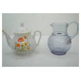 Vintage Vintage lavender ribbed glass pitcher & China Tea Pot