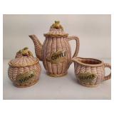 Vintage Tilso Ceramic Basket Weave Coffee Pot with Creamer and Sugar Bowl
