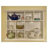 White Wall Shelf w/Small Porcelain Teapots & Accessories