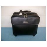 Black Leather Travel / Equipment Bag with Multiple Compartments, Telescoping Handle and Wheels