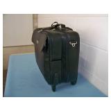 Black Leather Travel / Equipment Bag with Multiple Compartments, Telescoping Handle and Wheels