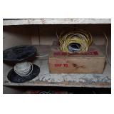 Contents of Wooden Shelf - Electrical Wire, Outlets, WD40