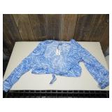 Shade & Shore Size Large (12-14) Blue Palm Leaf Tie Front LS Cover Up Swim Top