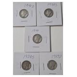 5 - Silver Mercury Dimes (1938S, 1939D, 1940, 1940D, 1940S)