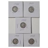 5 - Silver Mercury Dimes (1924,1924,1924,1925,1925)