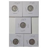 5 - Silver Mercury Dimes (1923)