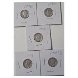 5- Silver Mercury Dimes (1943D,1943S, 1943,1943,1943S)