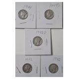 5 - Silver Mercury Dimes (1942,1942,1942D,1944D,1944)
