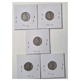 5 - Silver Mercury Dimes (1944,1944,1944,1944,1944D)