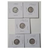 5 - Silver Mercury Dimes (1925,1925,1925S,1926,1926D)