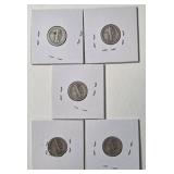5 - Silver Mercury Dimes (1934,1935,1935,1936,1938D)