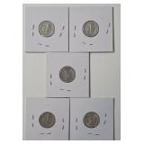 5 - Silver Mercury Dimes (1939,1939,1939,1944D,1944S)
