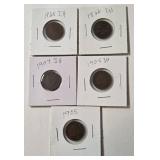 5 - Indian Head Pennies (1865,1866,1904,1905,1905)  IH