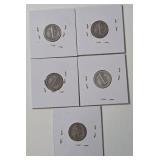 5 - Silver Mercury Dimes (1936S,1936S,1937S,1937D,1937D)