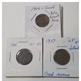 3 - Indian Head Pennies (1904 Die Crack Face, 1906, 1907 Crud Reverse)