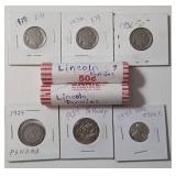 3 - Buffalo/Indian Head Nickels (1928,1936,1936D) 1943 Unc. Steel Penny, 1954 Half Penny, 1929 Panama 5 Cent , 2 Rolls of Lincoln Pennies