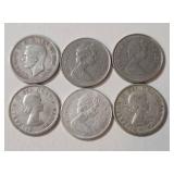 6 - Canadian Dimes  (1965, 1974, 1980) (1956-Silver,1957 -Silver) and 1938 King George VI - Silver)