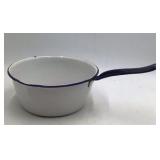 Vintage White Enamel Saucepan with Blue Rim